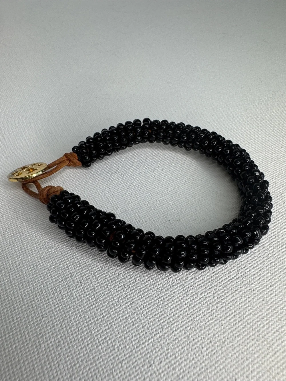 Tory Burch Black Seed Bead & Leather Logo Button Wrap Bracelet